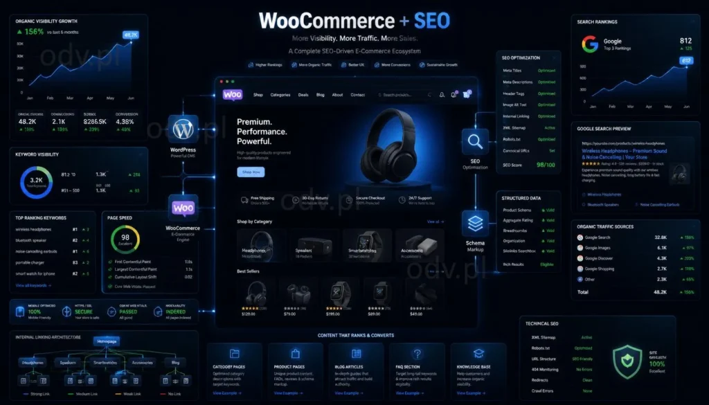 WooCommerce i SEO sklepu internetowego z optymalizacją techniczną, widocznością organiczną oraz strukturą e-commerce