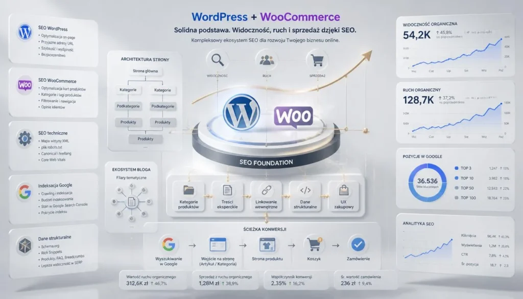 SEO organiczne w WordPress i WooCommerce wspierające widoczność Google, ruch organiczny i rozwój sprzedaży online